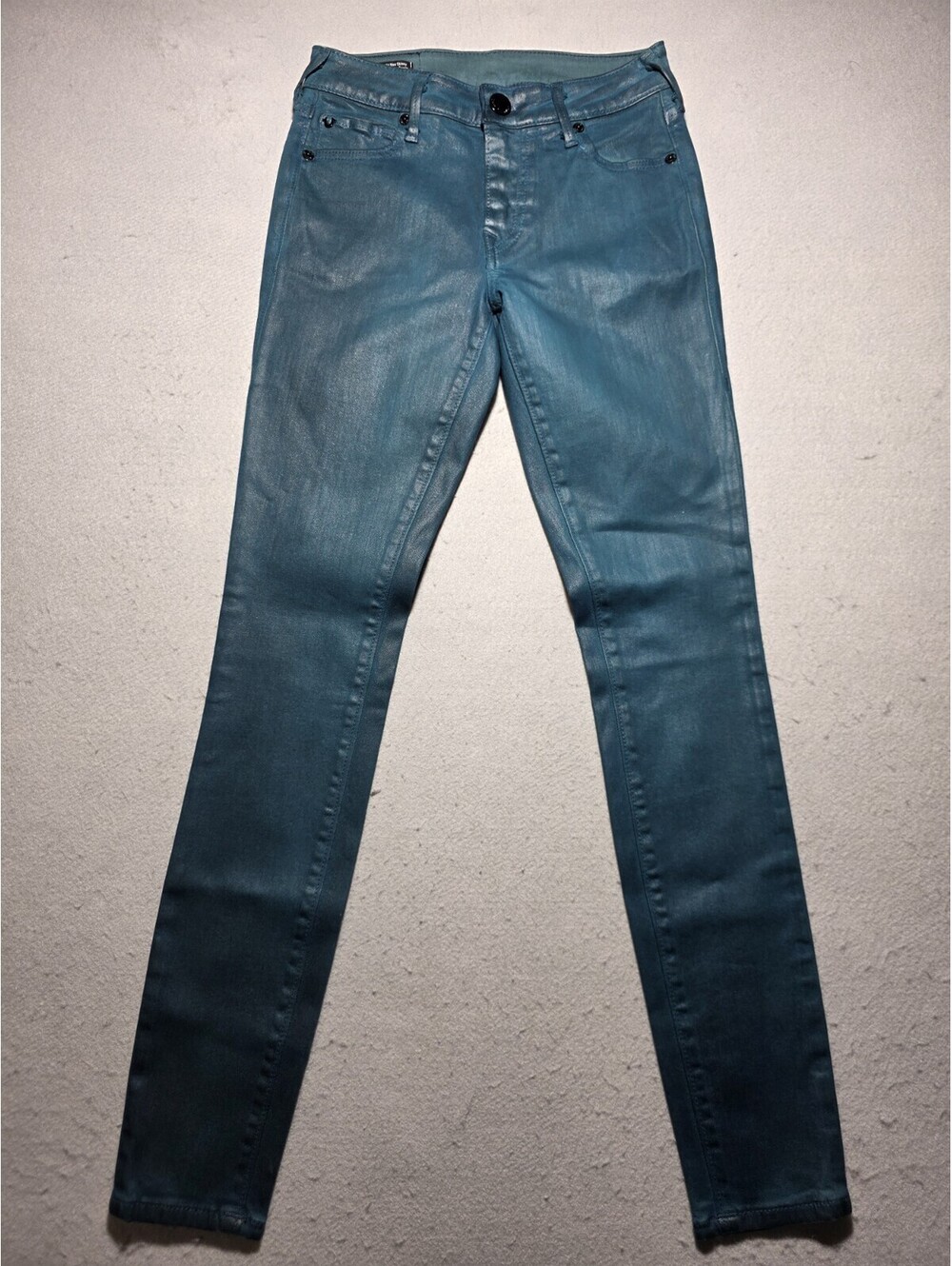 True Religion Jennie Curvy Mid Rise Skinny Jeans Coated Teal Size 27 Sample